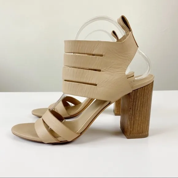 Vince Freida Multi Strap Leather Wood Block Heel Sandals Tan Size 9