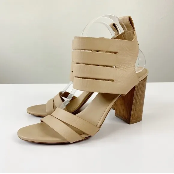 Vince Freida Multi Strap Leather Wood Block Heel Sandals Tan Size 9