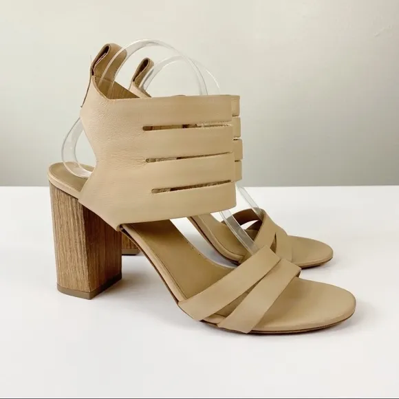 Vince Freida Multi Strap Leather Wood Block Heel Sandals Tan Size 9