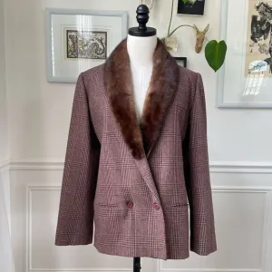 Vintage 70s EH Woods Glenn Plaid Wool Blend Blazer Fur Collar 12 L XL