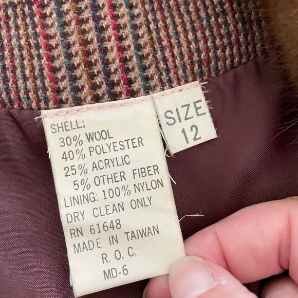 Vintage 70s EH Woods Glenn Plaid Wool Blend Blazer Fur Collar 12 L XL