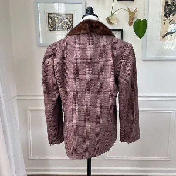 Vintage 70s EH Woods Glenn Plaid Wool Blend Blazer Fur Collar 12 L XL