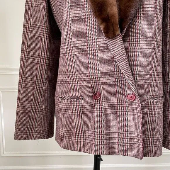 Vintage 70s EH Woods Glenn Plaid Wool Blend Blazer Fur Collar 12 L XL