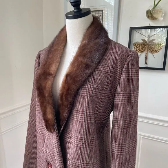 Vintage 70s EH Woods Glenn Plaid Wool Blend Blazer Fur Collar 12 L XL