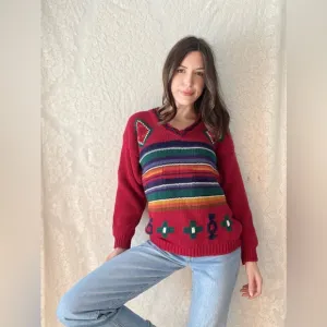 Vintage 90s 62 East Southwestern Knit Sweater Bright Red Geometric Pattern