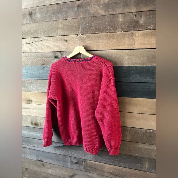 Vintage 90s 62 East Southwestern Knit Sweater Bright Red Geometric Pattern