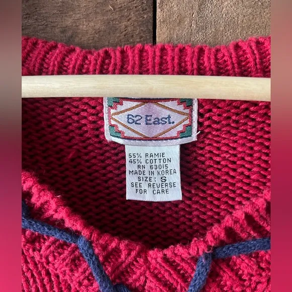 Vintage 90s 62 East Southwestern Knit Sweater Bright Red Geometric Pattern
