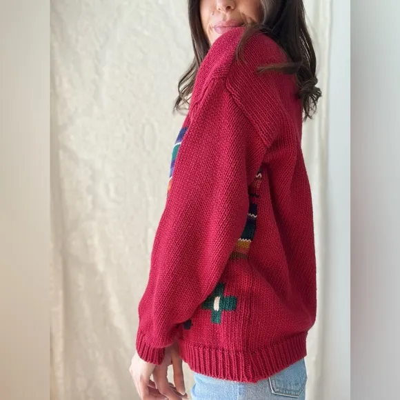 Vintage 90s 62 East Southwestern Knit Sweater Bright Red Geometric Pattern