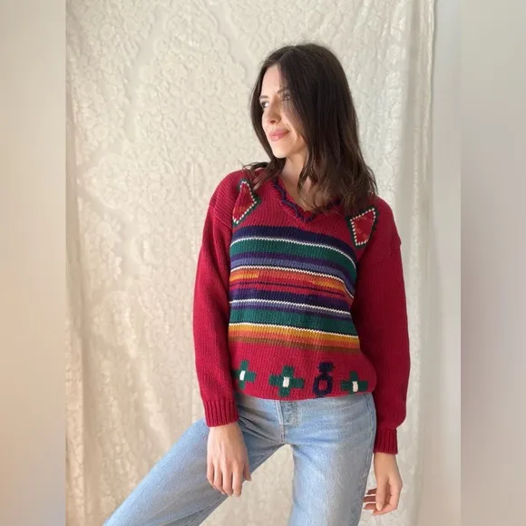 Vintage 90s 62 East Southwestern Knit Sweater Bright Red Geometric Pattern