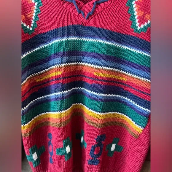 Vintage 90s 62 East Southwestern Knit Sweater Bright Red Geometric Pattern