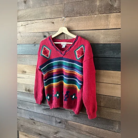 Vintage 90s 62 East Southwestern Knit Sweater Bright Red Geometric Pattern