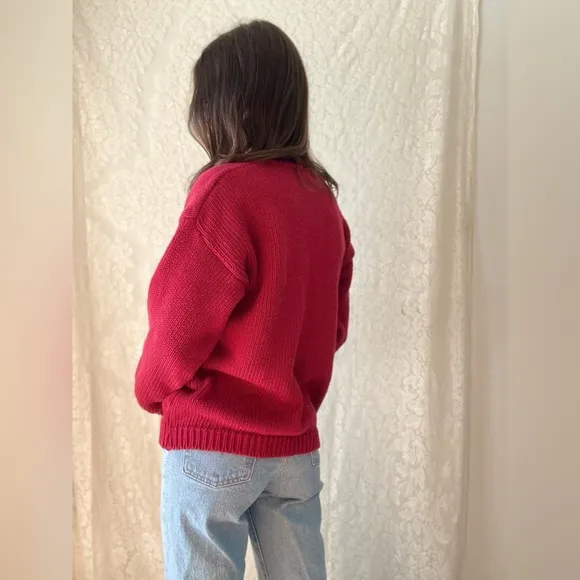 Vintage 90s 62 East Southwestern Knit Sweater Bright Red Geometric Pattern