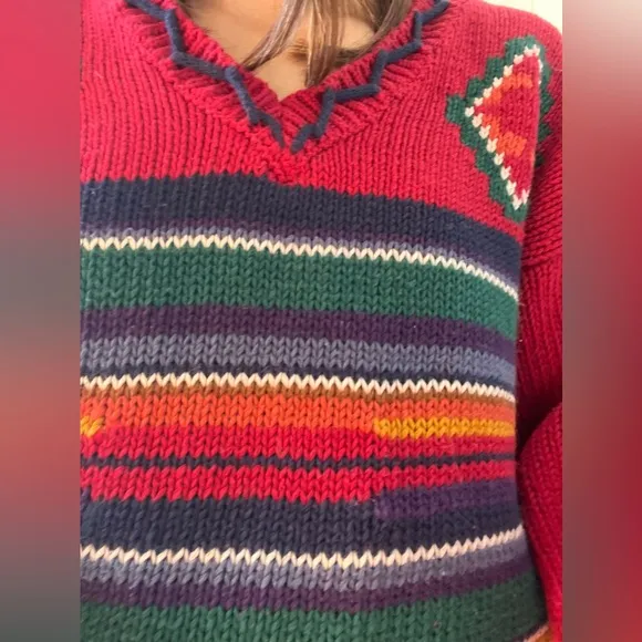Vintage 90s 62 East Southwestern Knit Sweater Bright Red Geometric Pattern