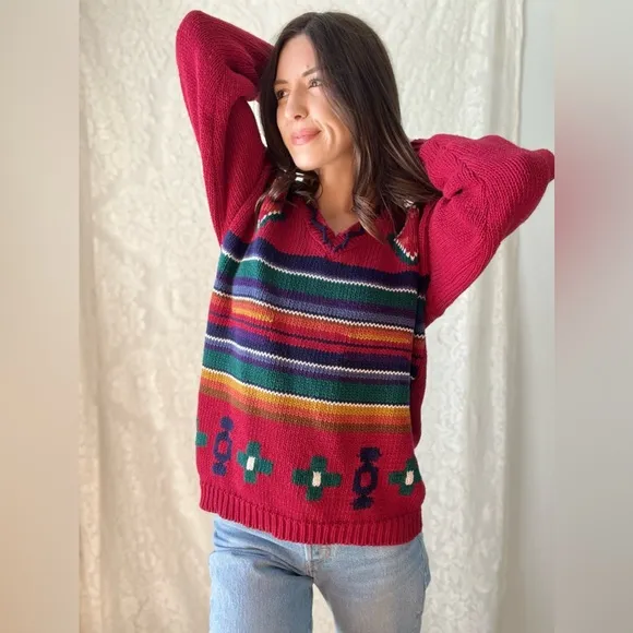Vintage 90s 62 East Southwestern Knit Sweater Bright Red Geometric Pattern