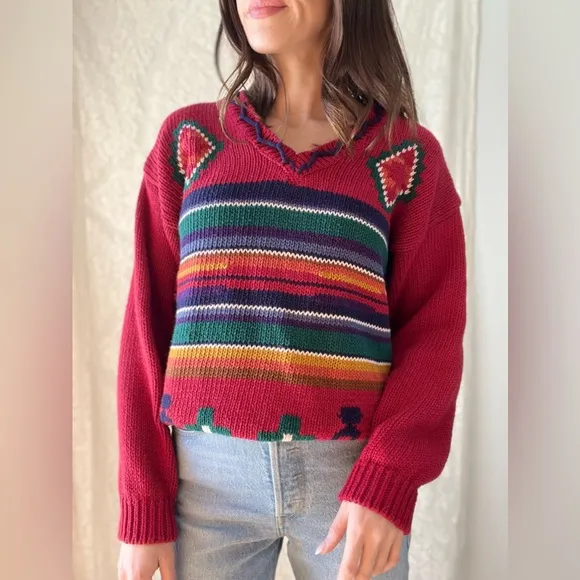 Vintage 90s 62 East Southwestern Knit Sweater Bright Red Geometric Pattern