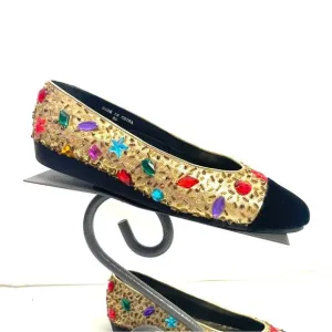 Vintage Beverly Feldman Jeweled Gold Flats Size 8