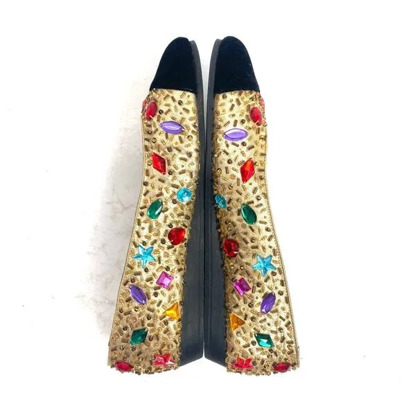 Vintage Beverly Feldman Jeweled Gold Flats Size 8