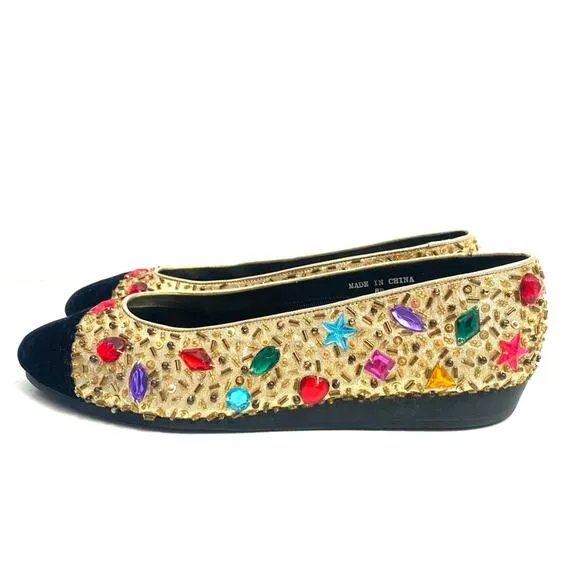 Vintage Beverly Feldman Jeweled Gold Flats Size 8