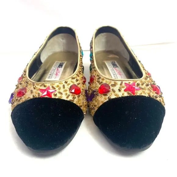 Vintage Beverly Feldman Jeweled Gold Flats Size 8