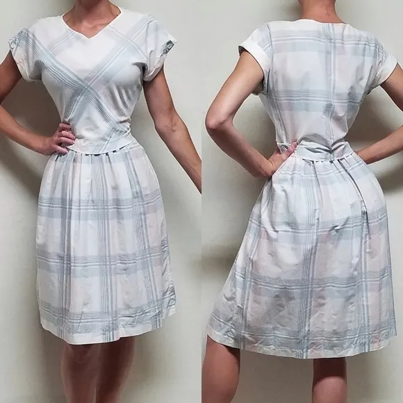 VINTAGE Joni Blair Pastel Pink Blue Checkered Plaid Cropped Top Dress Outfit