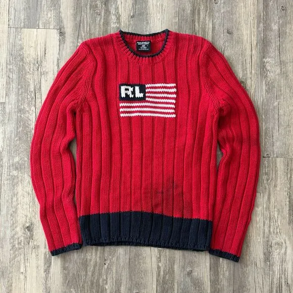 Vintage Polo Jeans Co Polo Ralph Lauren Knit American Flag Sweater Size Large