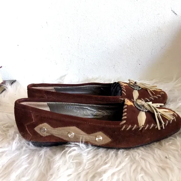 Vintage Susan Bennis Warren Edwards Suede Embroidered Tassel Beaded Loafers 7