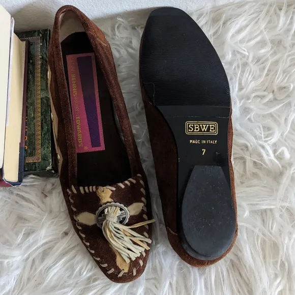Vintage Susan Bennis Warren Edwards Suede Embroidered Tassel Beaded Loafers 7