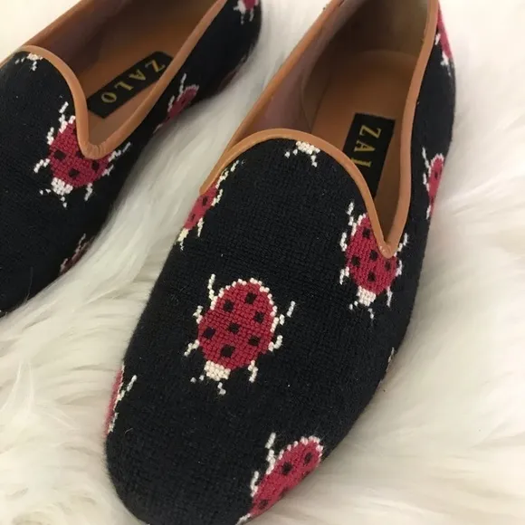 Vintage Zalo Tapestry Needlepoint Ladybug Loafers 7.5