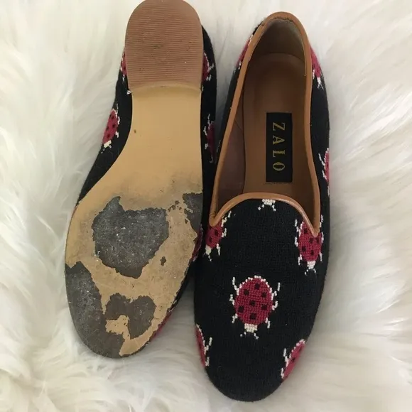 Vintage Zalo Tapestry Needlepoint Ladybug Loafers 7.5