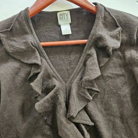 Vintage City DKNY Mercerized Wool Ruffled Brown Blouse Sweater In Rich Brown M
