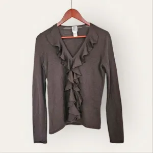 Vintage City DKNY Mercerized Wool Ruffled Brown Blouse Sweater In Rich Brown M
