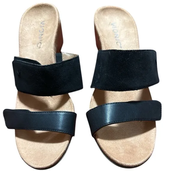 Vionic Bayu Women’s Cork Wedge Slide Sandals Black Adjustable Strap Size: 7 NWOT