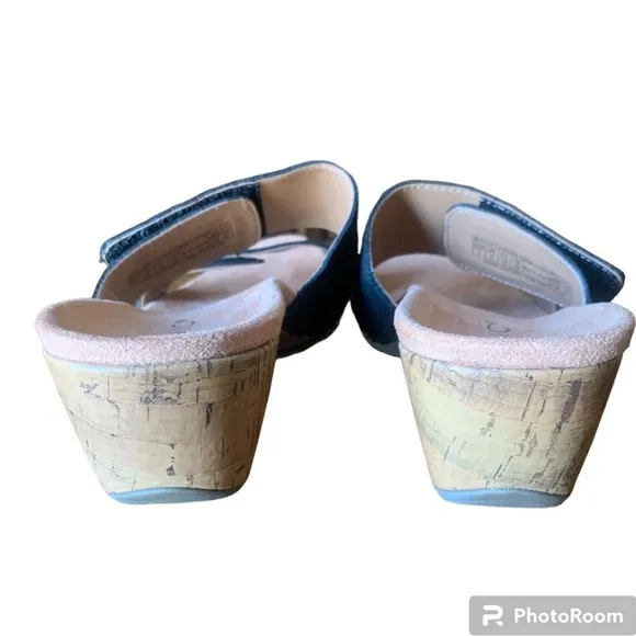 Vionic Bayu Women’s Cork Wedge Slide Sandals Black Adjustable Strap Size: 7 NWOT