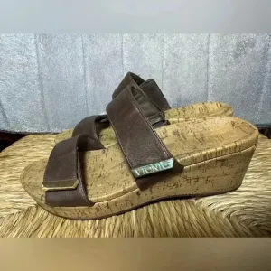 Vionic Pepper Slides Womens Brown Cork Wedge Slip-on Sandal Sz 10 Gold Hardware