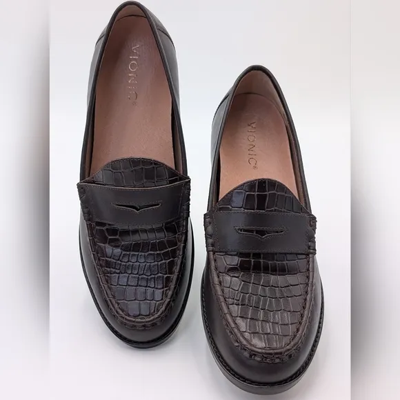 Vionic Waverly Croc Embossed Penny Brown Leather Slip On Loafers Women's 8.5