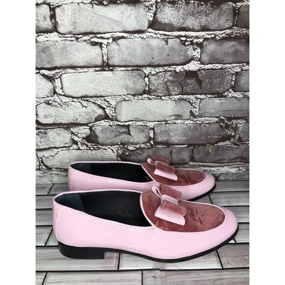 Vtg Duca Pink Patent Leather Velour Bow Loafers Dress Shoes Men’s Sz 41EU/8M US