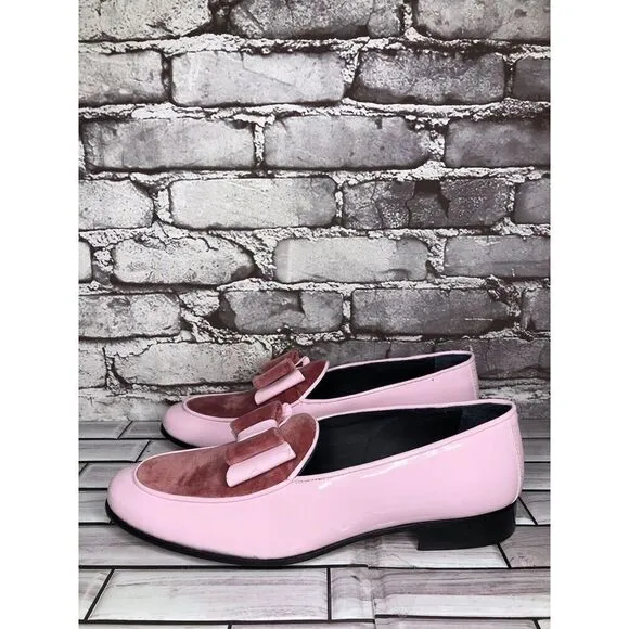 Vtg Duca Pink Patent Leather Velour Bow Loafers Dress Shoes Men’s Sz 41EU/8M US