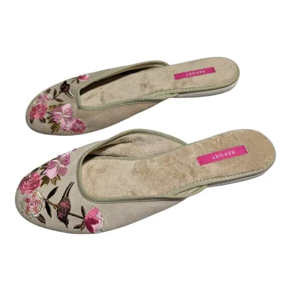 Vtg Y2K Report Plush Beige Suede Floral Embroidered Faux Fur Lined Mules Sz 10