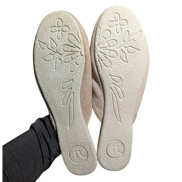 Vtg Y2K Report Plush Beige Suede Floral Embroidered Faux Fur Lined Mules Sz 10