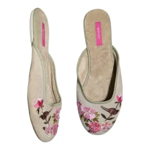 Vtg Y2K Report Plush Beige Suede Floral Embroidered Faux Fur Lined Mules Sz 10