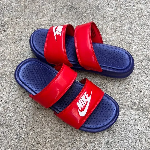 WMNS BENASSI DUO ULTRA SLIDES PATENT REDS BLUES ROYALS