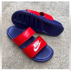 WMNS BENASSI DUO ULTRA SLIDES PATENT REDS BLUES ROYALS