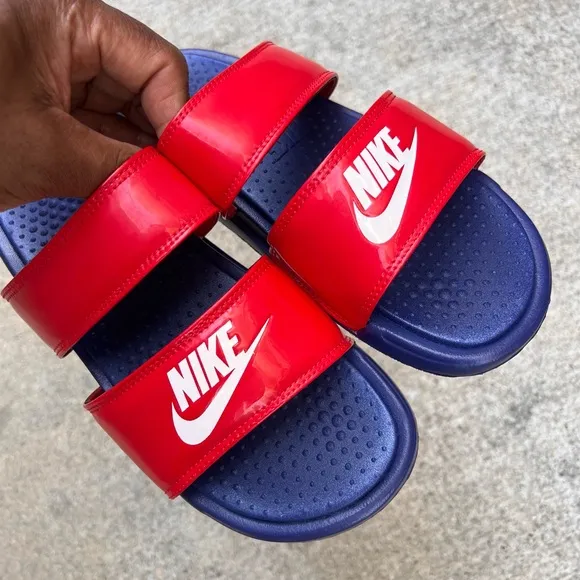 WMNS BENASSI DUO ULTRA SLIDES PATENT REDS BLUES ROYALS