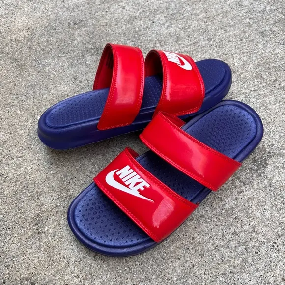 WMNS BENASSI DUO ULTRA SLIDES PATENT REDS BLUES ROYALS