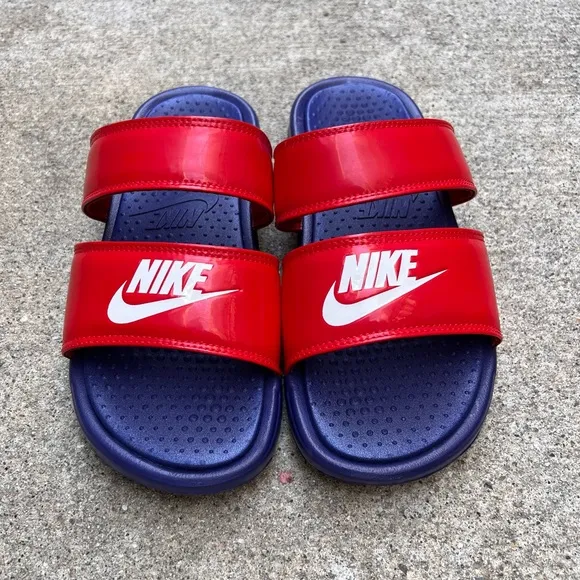 WMNS BENASSI DUO ULTRA SLIDES PATENT REDS BLUES ROYALS