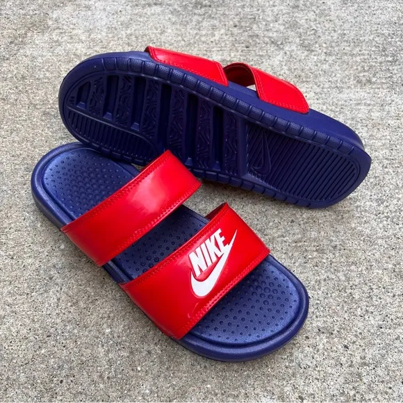 WMNS BENASSI DUO ULTRA SLIDES PATENT REDS BLUES ROYALS