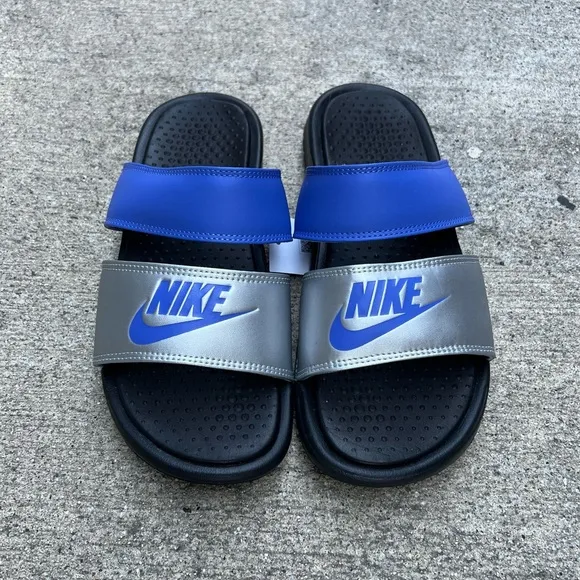 WMNS NIKE BENASSI DUO ULTRA SLIDES BLACKS ROYALS BLUES SILVERS FLIP FLOPS