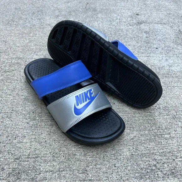 WMNS NIKE BENASSI DUO ULTRA SLIDES BLACKS ROYALS BLUES SILVERS FLIP FLOPS