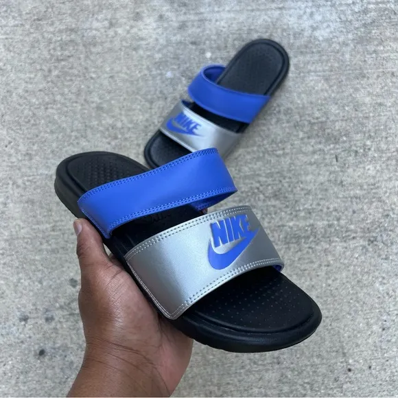 WMNS NIKE BENASSI DUO ULTRA SLIDES BLACKS ROYALS BLUES SILVERS FLIP FLOPS