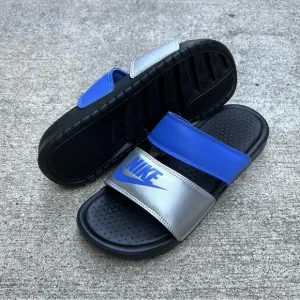 WMNS NIKE BENASSI DUO ULTRA SLIDES BLACKS ROYALS BLUES SILVERS FLIP FLOPS